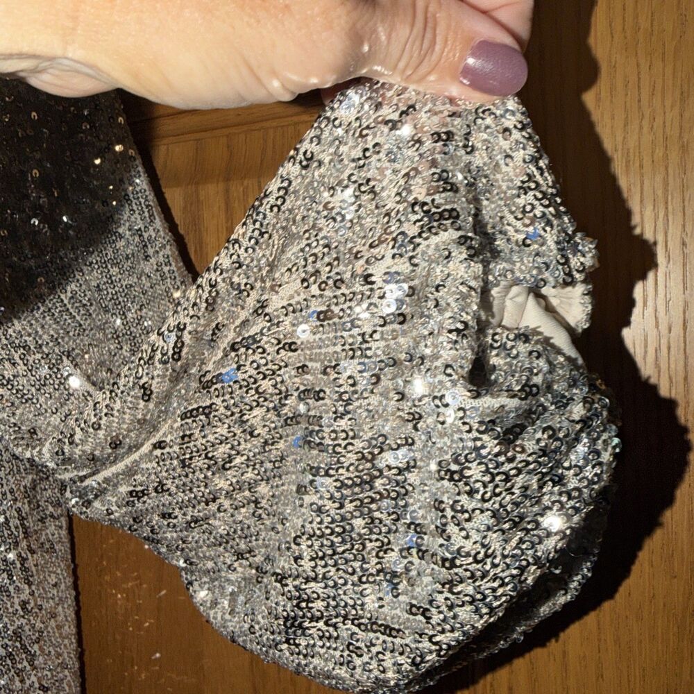 Party Dance Gold Silver Sequin Balloon Sleeve Blouse Twist Front XL Cable & Gaug - Picture 12 of 12